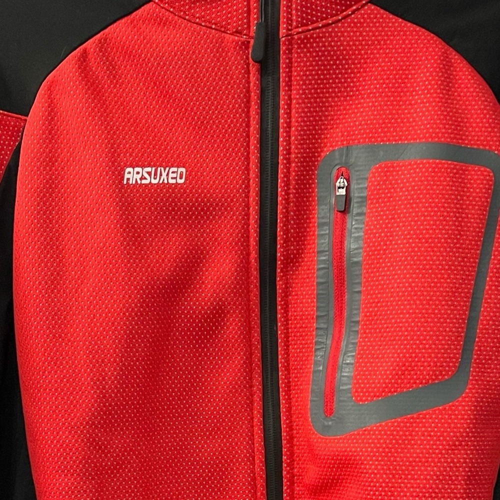 Arsuxeo Cycling Jacket Red Black Mens Medium Reflective Full Zip Bike Pockets - Picture 3 of 12